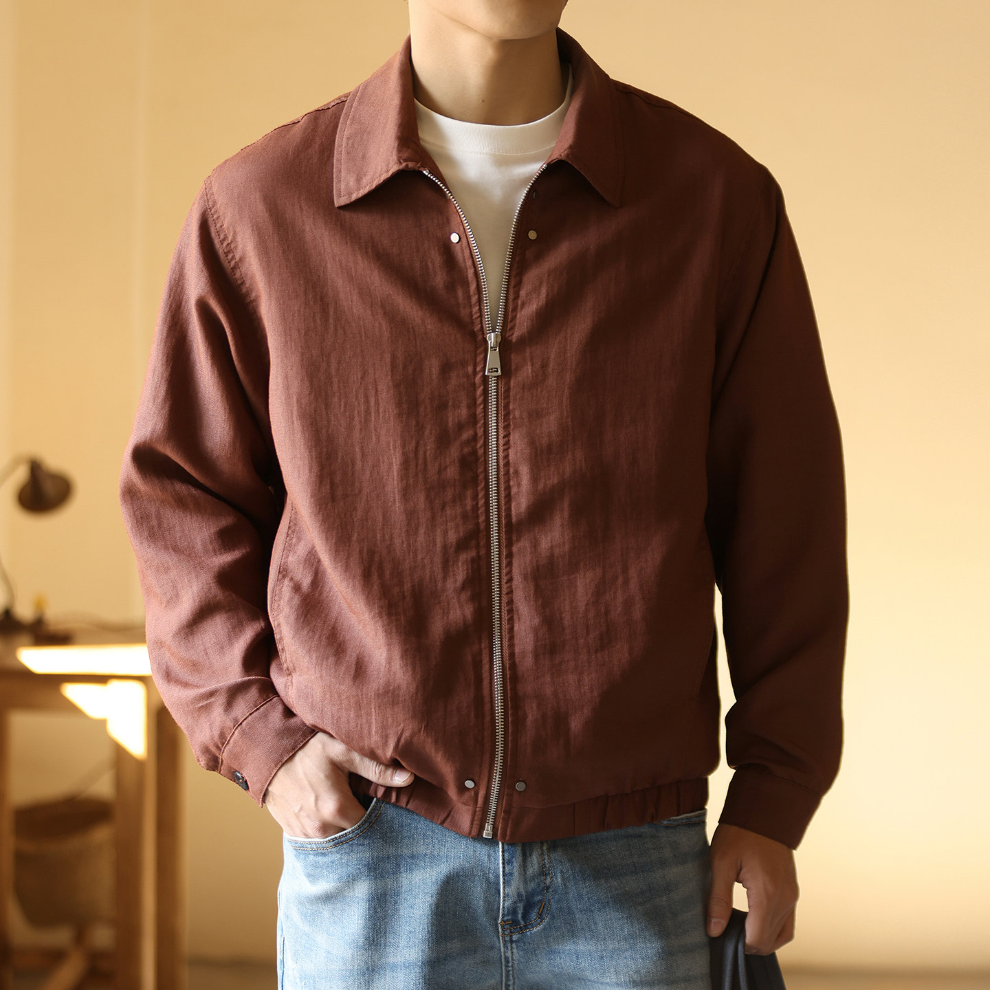 宇透cleanfit桑蚕丝亚麻混纺休闲外套男2026新款春季薄款翻领夹克