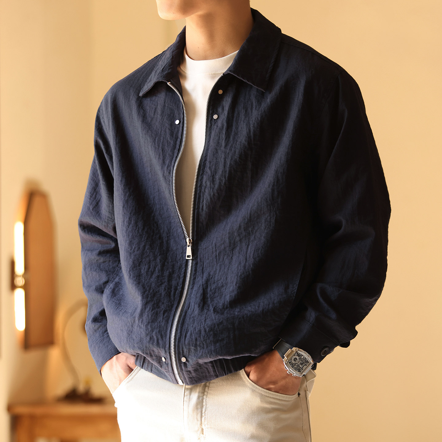 宇透cleanfit高级感痞帅翻领夹克男桑蚕丝亚麻混纺休闲外套男薄款