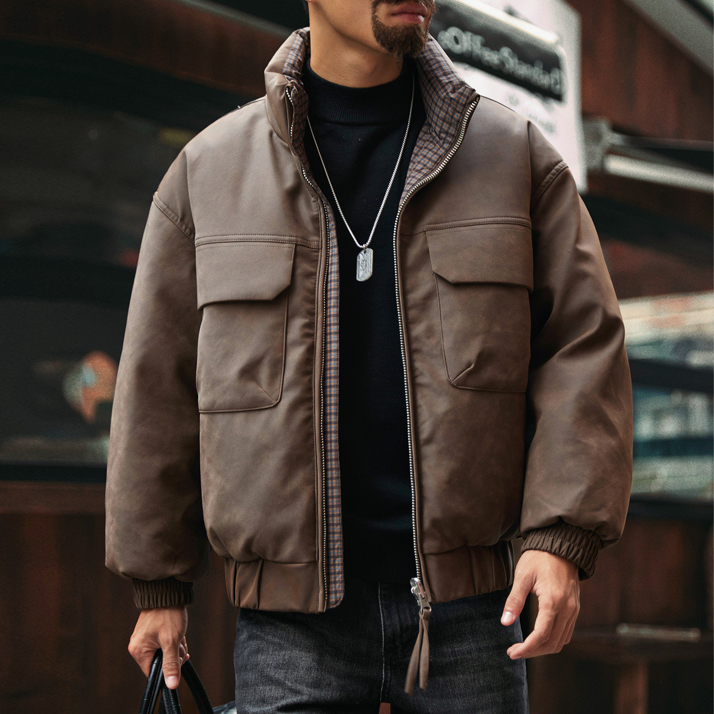 90%鹅绒双面穿立领PU皮羽绒服