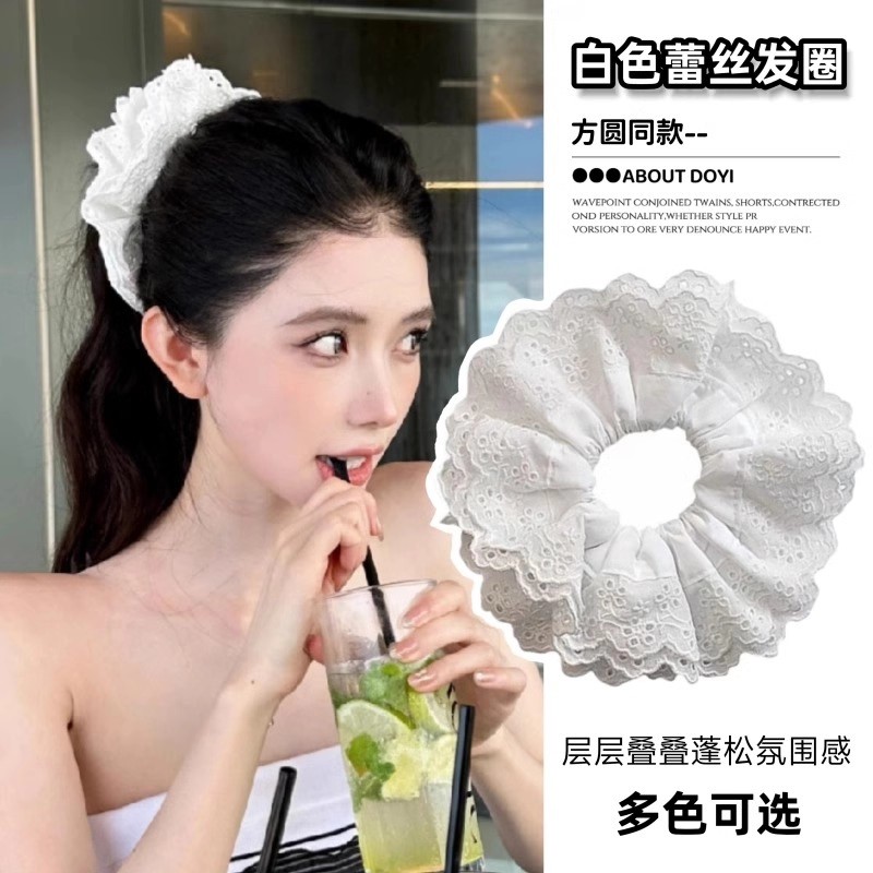 方圆同款白色蕾丝大肠发圈年新款皮筋法式慵懒感覆古花边盘发圈器