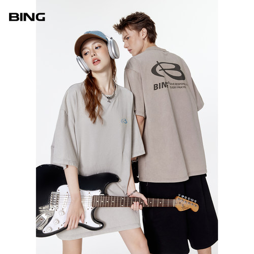 刺绣小标5分短袖t恤BING美式潮牌