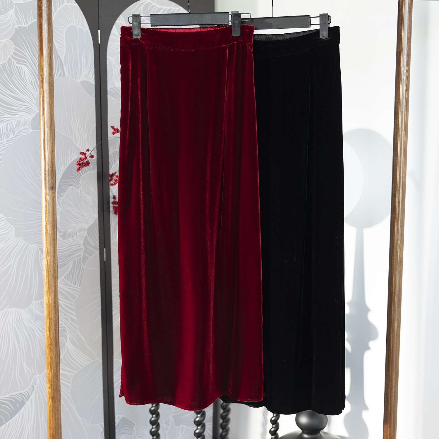 华裳格新中式百搭显瘦丝绒直筒半身裙HS269