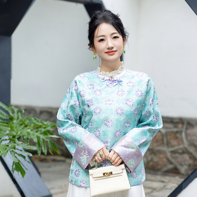 华裳格新中式上久楷织金雀蓝色曲水凌波圆领正品宋锦外套HS416