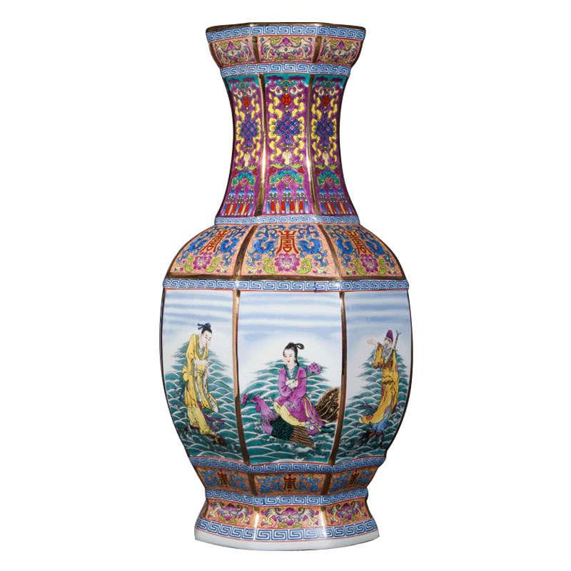 景德镇花瓶陶瓷器珐琅彩粉彩仿古摆件八仙过海六方瓶中式艺术装饰