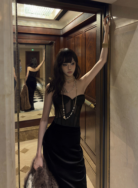 Se flatter 鱼骨抹胸低胸短上衣内搭醋酸弹力缎面网纱拼接防滑条