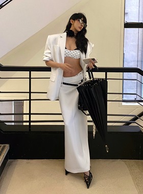 Se flatter 重磅垂感醋酸缎后开叉低腰半身裙直筒长裙珍珠白半裙