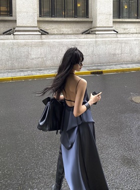 Se flatter 普鲁士蓝 挂脖露背飘带蕾丝拼上衣不对称拖地长裙垂感