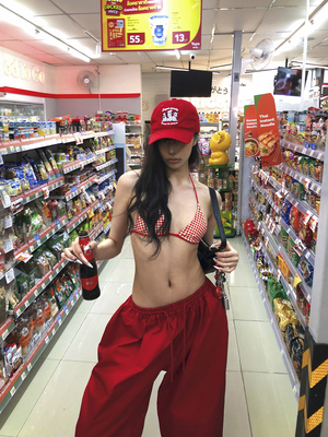 Se flatter 美式复古红色格子比基尼挂脖背心女辣妹性感露脐短款