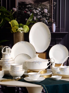 晋宝源如沐春风50头骨瓷餐具套装中式家用送礼碗盘碟餐具套装礼盒