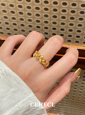 金色花枝树叶戒指中古拉丝食指戒