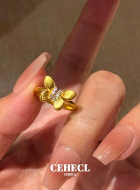 温柔气质金色拉丝点钻蝴蝶戒指女