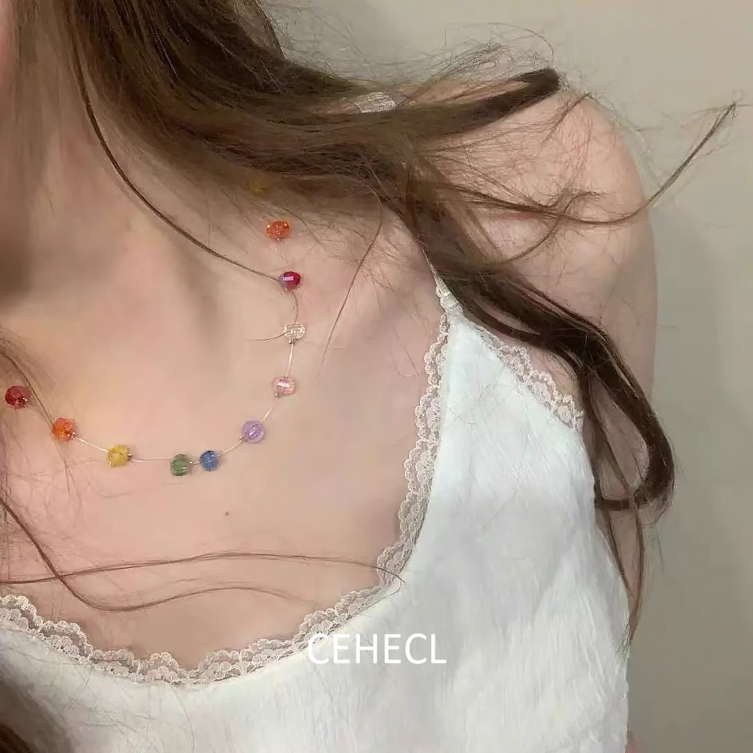 多巴胺颈链缤纷彩虹糖豆水晶串珠项链女度假风百搭拍照锁骨链配饰