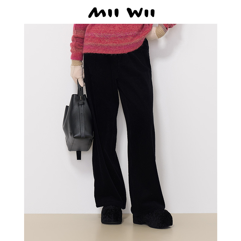 末未MIIWII24冬黑色全棉灯芯绒料宽腿裤直筒休闲长裤K244106女士