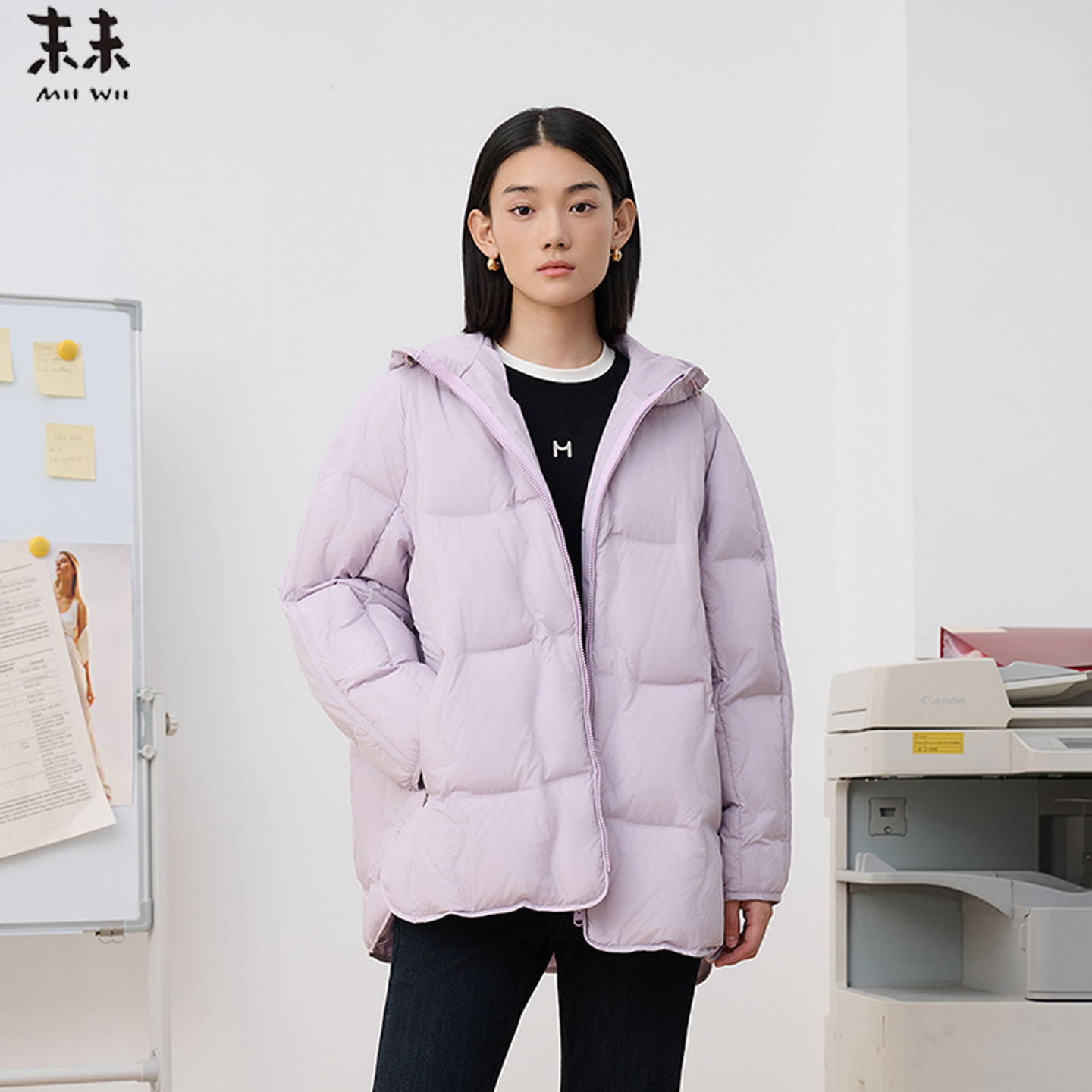 MIIWII末未25冬粉紫色连帽保暖简约休闲短款龟背羽绒服女R254323