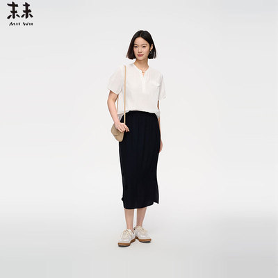 MIIWII末未25夏白色提花V领上衣慵懒宽松短袖女S252415
