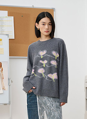 MIIWII末未25冬灰色圆领宽松针织套头衫花朵装饰针织上衣X254142