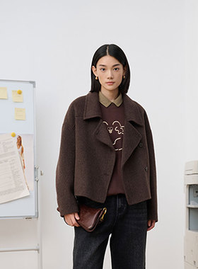 MIIWII末未25冬咖色双面呢短外套百搭休闲翻领羊羔毛外套W254416