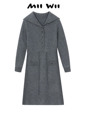 【断码清仓】末未MIIWII23冬灰色全羊毛针织衫翻领连衣裙X234246