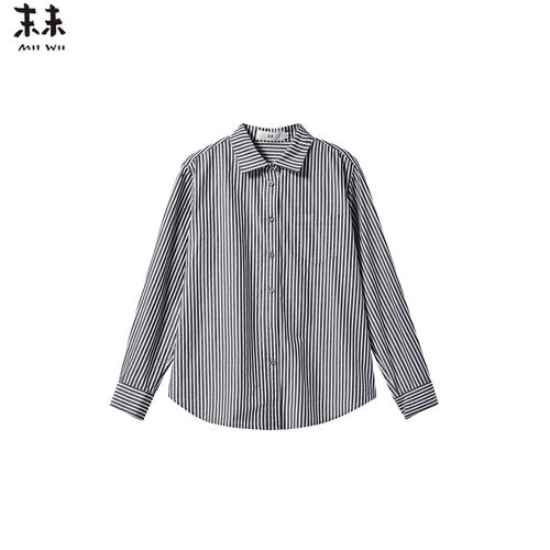 MIIWII末未26春灰白条全棉衬衫领长袖上衣棉质直身衬衫C261124