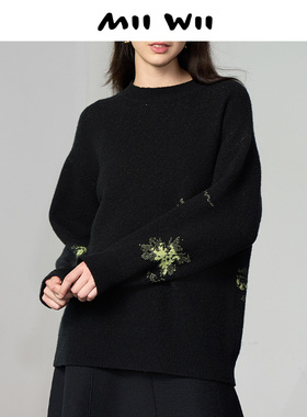 【断码清仓】末未MIIWII23冬黑色提黄绿花厚针织开衫X234508女士