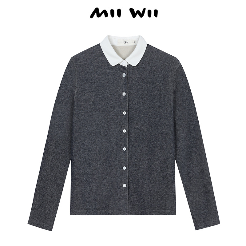 MIIWII末未24冬蓝杂花针织拼白领女士百搭衬衫C244501