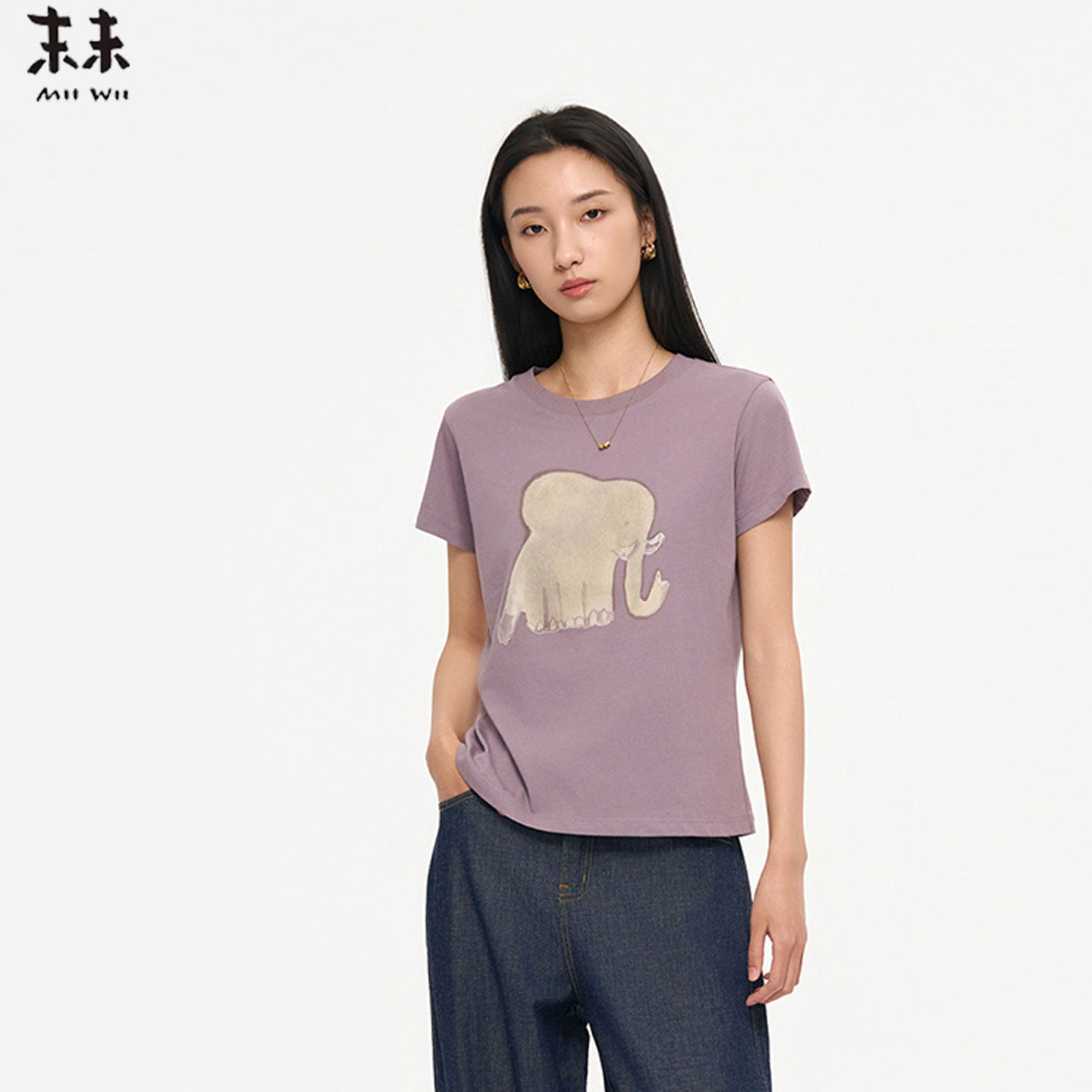 MIIWII末未26夏灰紫色圆领大象图案休闲百搭印图上衣T恤T262610