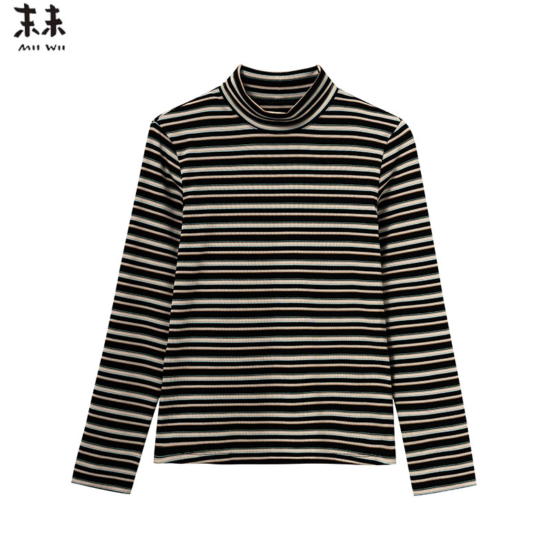 MIIWII末未25冬黑米条针织长袖条纹针织衫高领长袖内搭女T254101