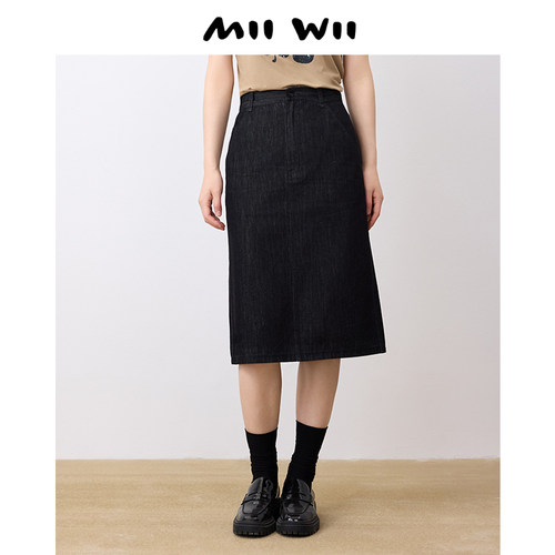 末未MIIWII24秋黑色直筒半身裙女士中长款包臀复古牛仔裙Q243160