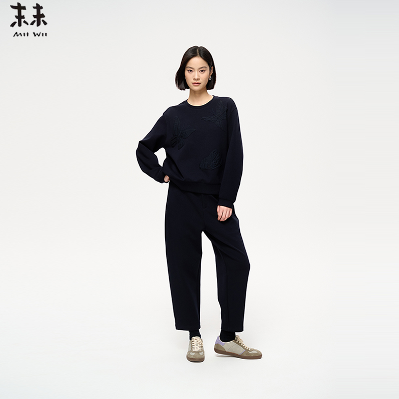 MIIWII末未25春新款藏青色休闲针织长裤K251130