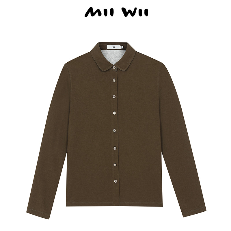 末未MIIWII24冬军绿色长袖双面针织休闲衬衫C244401女士