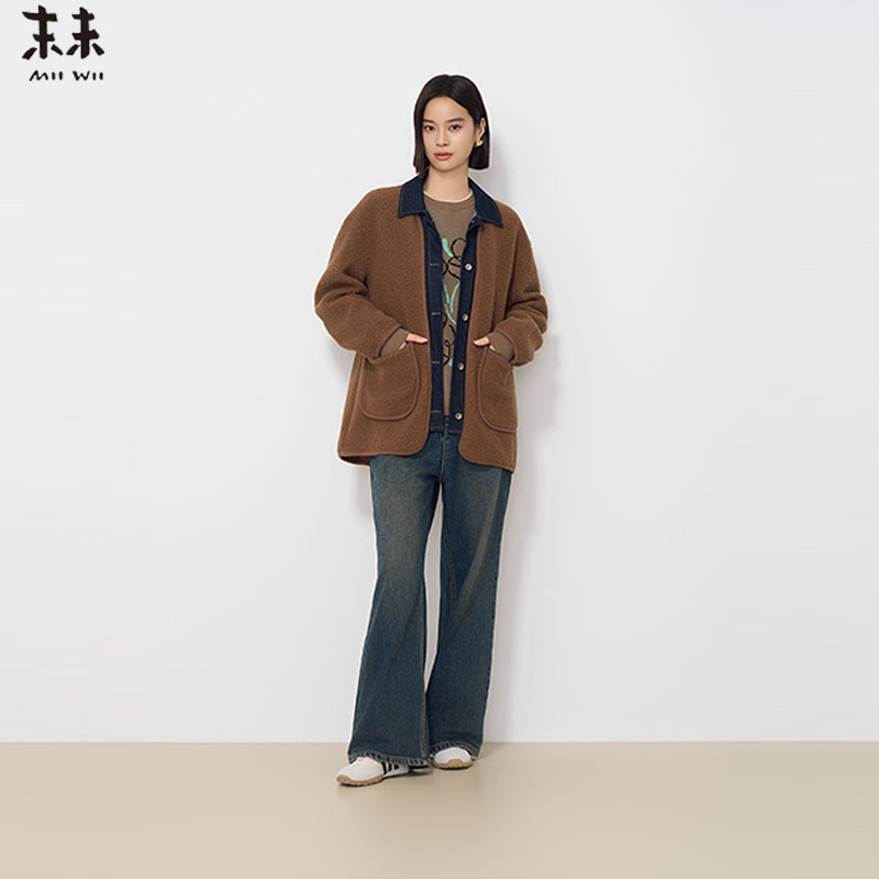 MIIWII末未24冬咖色衬衫领拼接牛仔外套百搭羊羔毛外套女W244515