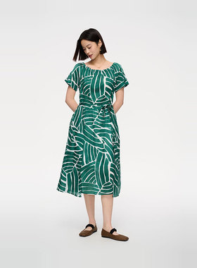 MIIWII末未25夏绿色全棉印花连衣裙收腰a字版型连衣裙女L252511