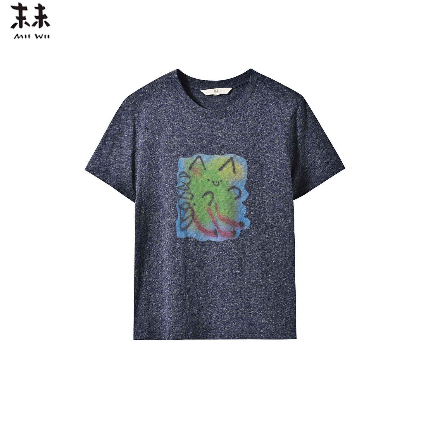MIIWII末未26夏深蓝色圆领天丝棉猫咪印图T恤短袖上衣T262733