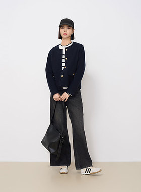 MIIWII末未24冬藏青色针织呢短外套通勤廓形小香外套女W244132