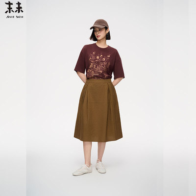 MIIWII末未25夏暗红色针织印图宽松圆领短袖上衣女T252326