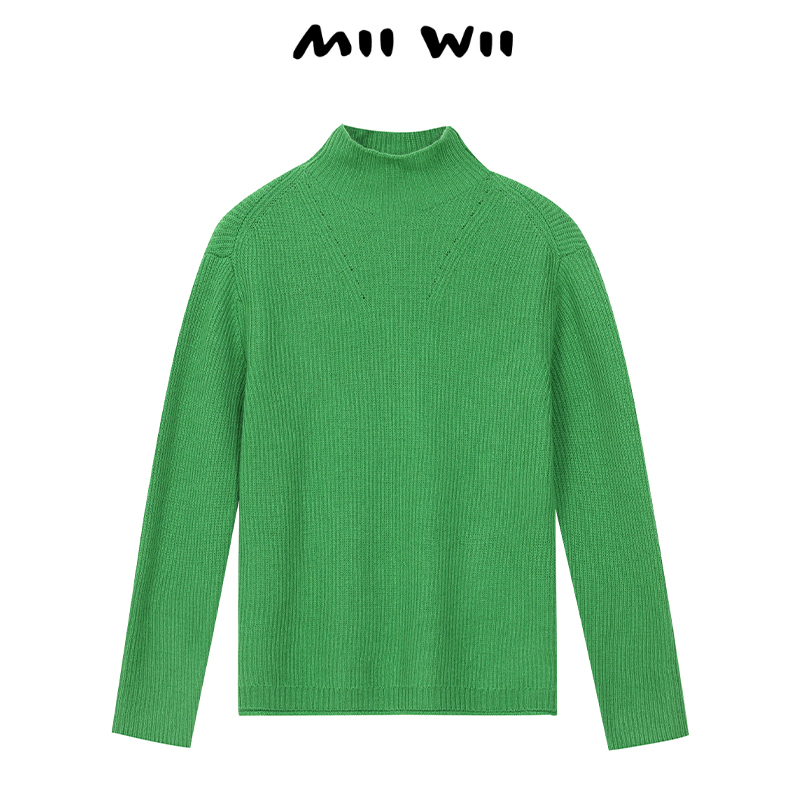 MIIWII/末·未草绿色羊毛套头衫