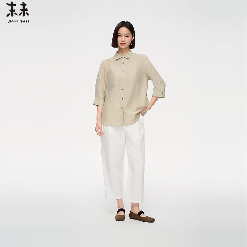 MIIWII末未25夏灰绿色衬衫领休闲短袖上衣极简丝绸衬衫女C252520