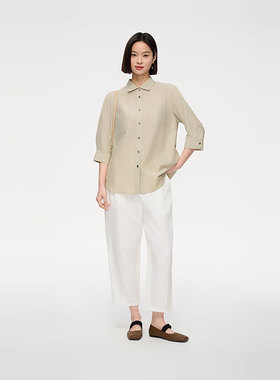 MIIWII末未25夏灰绿色衬衫领休闲短袖上衣极简丝绸衬衫女C252520