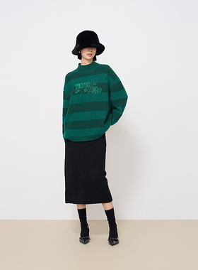 MIIWII末未24冬绿色阔形针织套头衫X244143女士