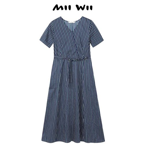 【断码清仓】末未MIIWII气质连衣裙女收腰裙子条纹V领中L233299