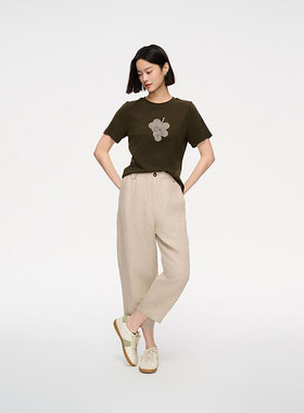 MIIWII末未25夏军绿色高弹针织印图上衣圆领短袖T252203