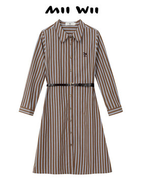 末未MIIWII24春气质连衣裙短袖条纹衬衫裙子全棉早秋穿搭L241205
