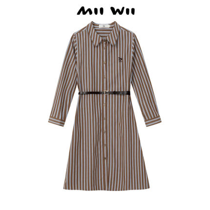 末未MIIWII24春气质连衣裙短袖条纹衬衫裙子全棉早秋穿搭L241205
