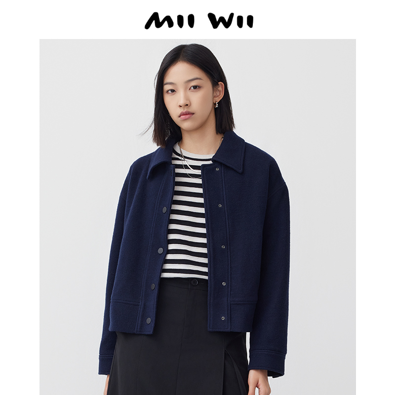 末未藏青色羊毛针织呢翻领短外套