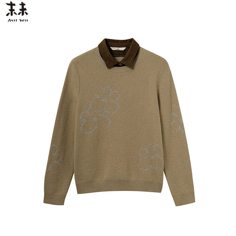 MIIWII末未25冬卡其色拼衬衫领拼色针织衫百搭针织套头衫X254214