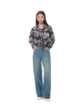 MIIWII末未25秋蓝色全棉休闲牛仔宽腿裤阔腿慵懒牛仔裤女K253108