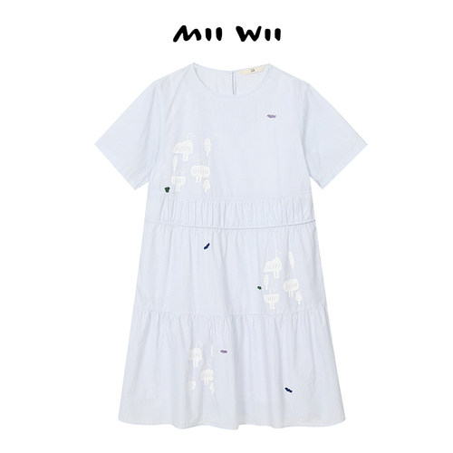 MIIWII/末·未浅灰蓝印图连衣裙