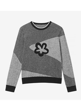 MIIWII末未25冬黑灰色圆领针织套头衫花朵装饰针织上衣女X254201