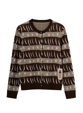 MIIWII末未25冬咖色提花条纹针织衫圆领针织开衫外套女X254414