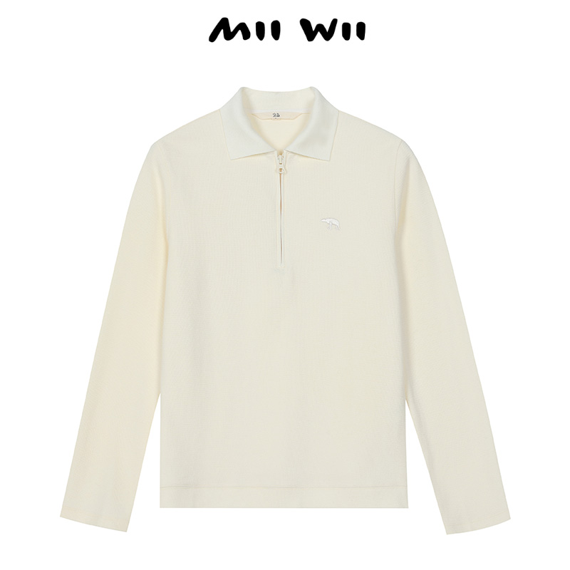 MIIWII末未24冬米白色休闲针织翻领长袖女士上衣S244220